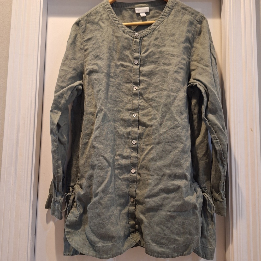 J. Jill Tunic Sz L Olive Green 100% Linen Side Tie Button Down Long Sleeve Top - Picture 7 of 8